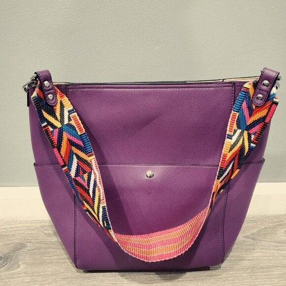 BROMEN Purse Large Bucket Bag Hobo Vegan Leather Handbag Purple Colored Strap - Picture 4 of 16